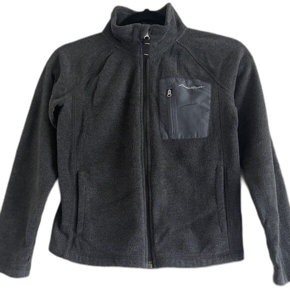 Eddie Bauer Gray Fleece Zip Up Jacket Boys Size 8/10 Kids High Neck Pockets - Picture 1 of 4